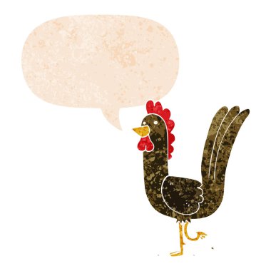 retro dokulu tarzda karikatür horoz ve konuşma balonu