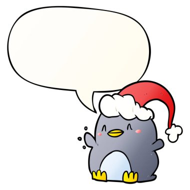 karikatür penguen smoot noel şapka ve konuşma balonu giyiyor