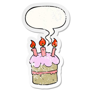 karikatür doğum günü pastası ve konuşma balonu sıkıntılı etiket
