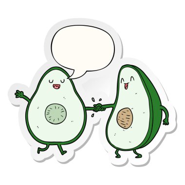 karikatür dans avokado ve konuşma kabarcık etiket