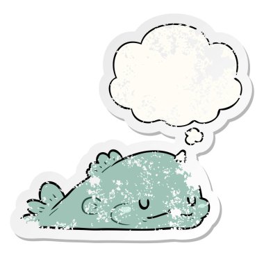 karikatür balık ve sıkıntılı yıpranmış etiket olarak kabarcık düşünce