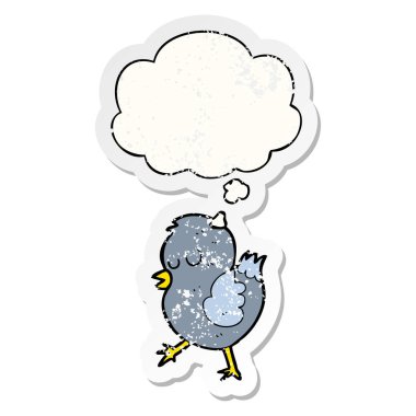 sıkıntılı bir yıpranmış etiket olarak karikatür kuş ve düşünce balonu