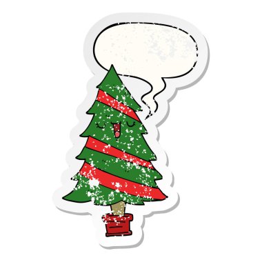 karikatür noel ağacı ve konuşma balonu sıkıntılı etiket