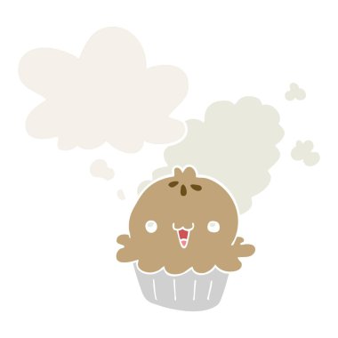 sevimli karikatür pasta ve retro tarzında kabarcık düşünce