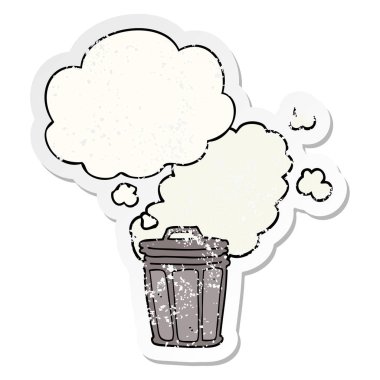 karikatür kokuşmuş çöp tenekesi ve sıkıntılı bir wo olarak kabarcık düşünce