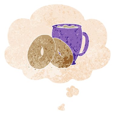 karikatür kahve ve çörekler ve retro dokulu s düşünce balonu