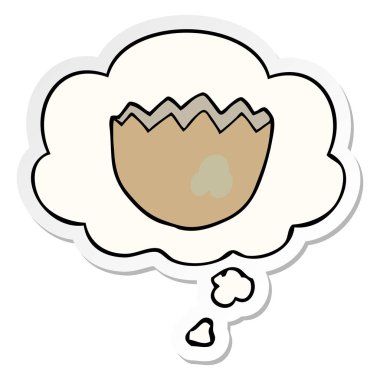 karikatür yumurta kabuğu kırık ve basılı bir etiket olarak kabarcık düşünce