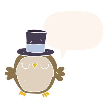 retro tarzında üst şapka ve konuşma balonu giyen karikatür baykuş