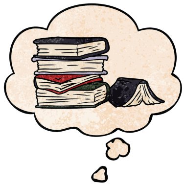 kitap karikatür yığını ve grunge doku patte düşünce balonu