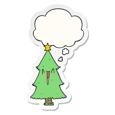 karikatür noel ağacı ve baskılı bir etiket olarak kabarcık düşünce