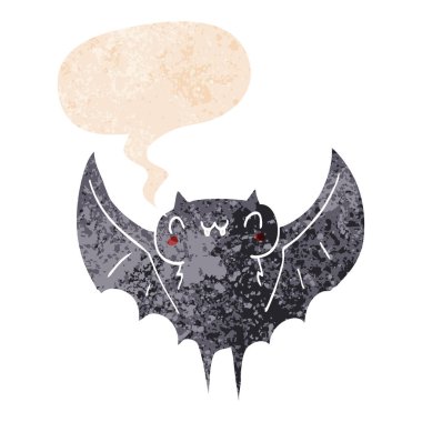 retro dokulu tarzda karikatür yarasa ve konuşma balonu