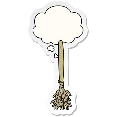 karikatür sihirli süpürge ve baskılı bir etiket olarak kabarcık düşünce