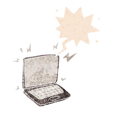 retro dokulu stil karikatür dizüstü bilgisayar ve konuşma balonu