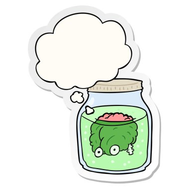 kavanozda karikatür ürkütücü beyin ve baskılı bir stic olarak kabarcık düşünce