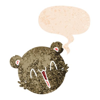 retro dokulu sevimli karikatür oyuncak ayı yüz ve konuşma balonu