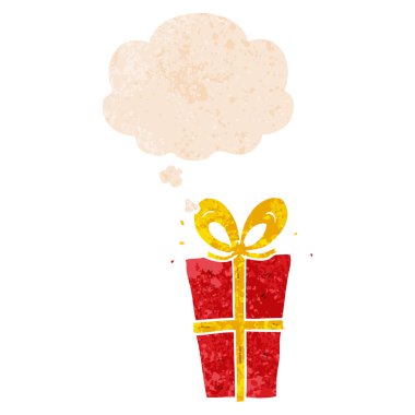 retro dokulu tarzda karikatür sarılmış hediye ve düşünce balonu