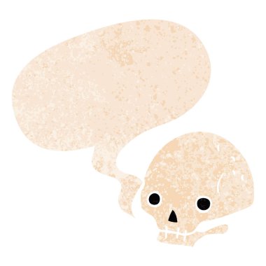 retro dokulu tarzda karikatür ürkütücü kafatası ve konuşma balonu