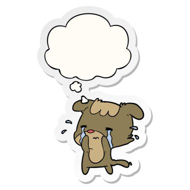 karikatür üzgün köpek ve basılı bir etiket olarak kabarcık düşünce