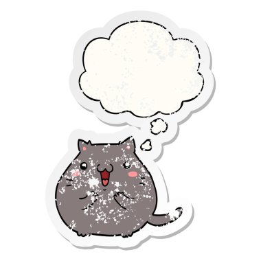 mutlu karikatür kedi ve sıkıntılı yıpranmış sticke olarak kabarcık düşündüm