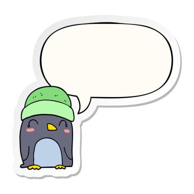 sevimli karikatür penguen ve konuşma kabarcık etiket