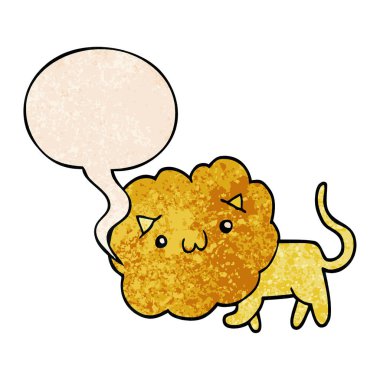 retro doku tarzında sevimli karikatür aslan ve konuşma balonu