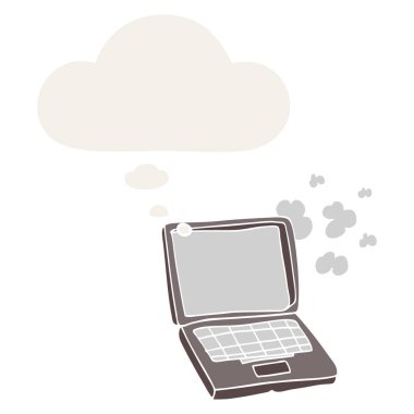 retro tarzı karikatür dizüstü bilgisayar ve düşünce balonu