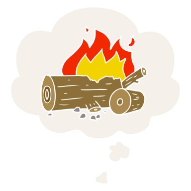 retro tarzında karikatür kamp yangın ve düşünce balonu