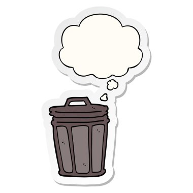 karikatür çöp kutusu ve basılı bir etiket olarak kabarcık düşünce