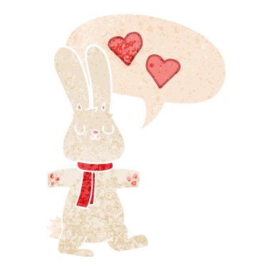 retro dokulu tarzda aşk ve konuşma balonu karikatür tavşan