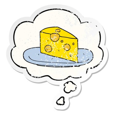 karikatür peynir ve sıkıntılı yıpranmış etiket olarak kabarcık düşünce