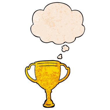 karikatür spor kupa ve grunge doku patte düşünce balonu