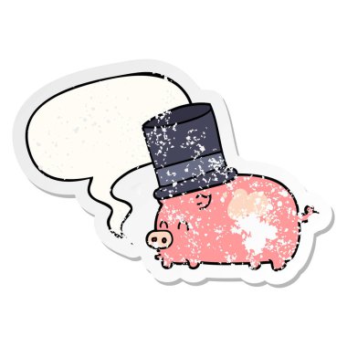 karikatür domuz üst şapka ve konuşma balonu sıkıntılı etiket giyiyor