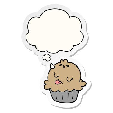 sevimli karikatür pasta ve baskılı bir etiket olarak kabarcık düşünce