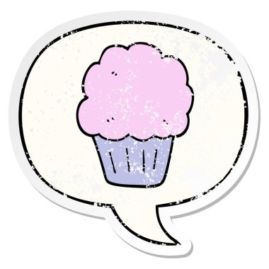 karikatür cupcake ve konuşma balonu sıkıntılı etiket