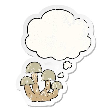 karikatür mantar ve sıkıntılı yıpranmış etiket olarak kabarcık düşünce