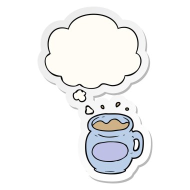 karikatür kahve fincanı ve baskılı bir etiket olarak düşünce balonu