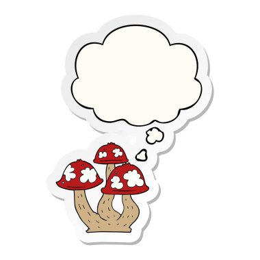 karikatür mantar ve baskılı bir etiket olarak düşünce balonu
