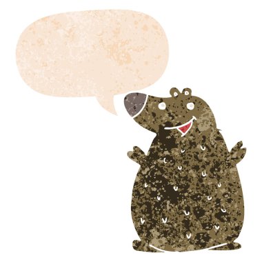 retro dokulu tarzda karikatür mutlu ayı ve konuşma balonu