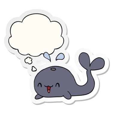 karikatür mutlu balina ve basılı bir etiket olarak kabarcık düşünce