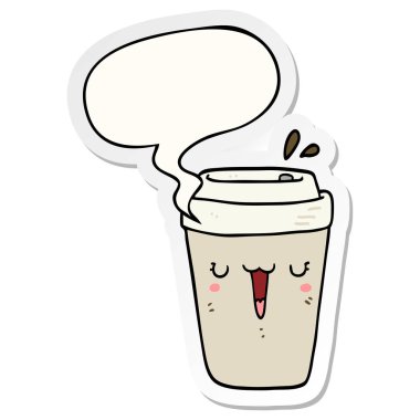 karikatür kahve fincanı ve konuşma kabarcık etiket