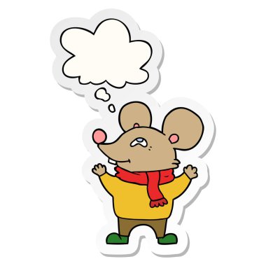 karikatür fare eşarp giyen ve baskılı bir stic olarak kabarcık düşünce