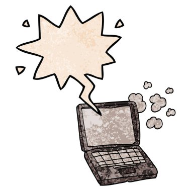 retro doku tarzıkarikatür dizüstü bilgisayar ve konuşma balonu