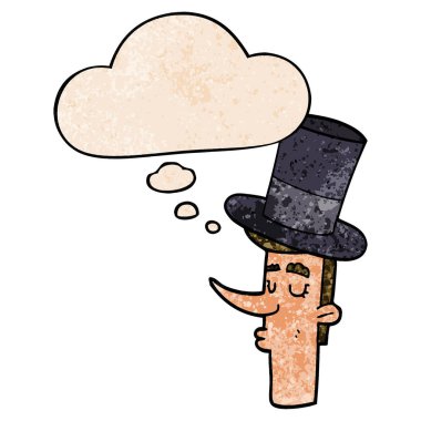 çizgi film adam üst şapka giyen ve grunge doku kabarcık düşünce