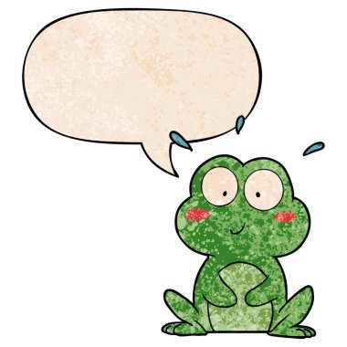 retro doku tarzında sevimli karikatür kurbağa ve konuşma balonu