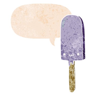retro dokulu tarzda karikatür buz lolly ve konuşma balonu