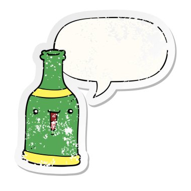 karikatür bira şişesi ve konuşma balonu sıkıntılı etiket
