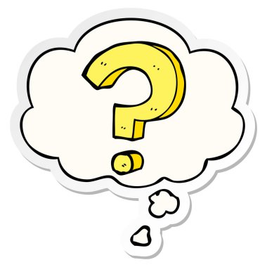 karikatür soru işareti ve basılı bir etiket olarak kabarcık düşünce