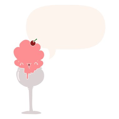 retro tarzı sevimli karikatür dondurma çöl ve konuşma balonu