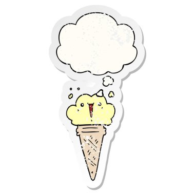 sıkıntılı bir w olarak yüz ve düşünce balonu ile karikatür dondurma