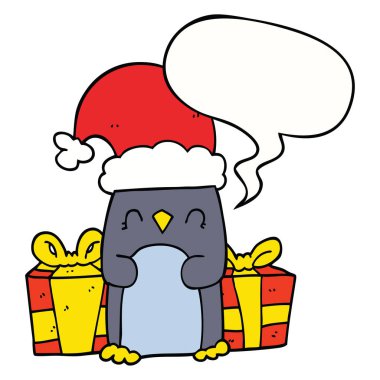 sevimli noel penguen ve konuşma balonu